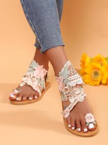 Vacation Sandals For Women, Floral Appliques Decor Thong Sandals