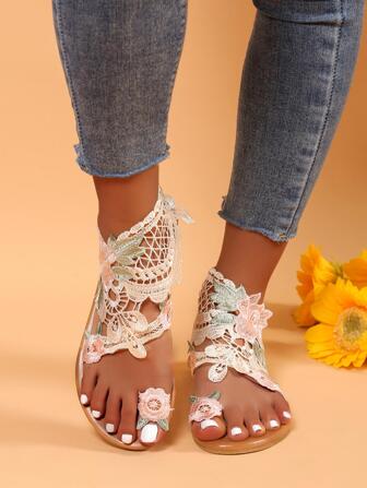 度假涼鞋適用於女士貼花裝飾T字帶涼鞋