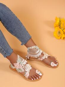 Vacation Sandals For Women, Floral Appliques Decor Thong Sandals