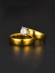 2 件装欧美时尚不锈钢手牵手爱情系列创意情侣对戒戒指情人节 - 金黃色 - 查看 3