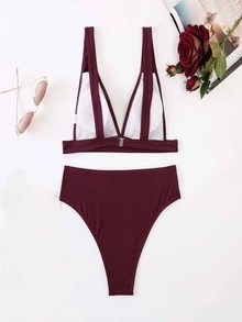 Bañador bikini unicolor tejido de canalé de talle alto - Burdeos - Ver 2