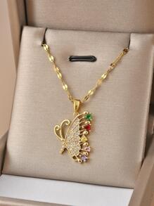 方晶鋯石蝴蝶墜飾項鍊 - 彩色 - 查看 1