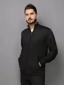 Legal Menino Sueter tricot masculino casaco blusa de frio zip completo manga longa blusa de Lã - Preto - Visão 1