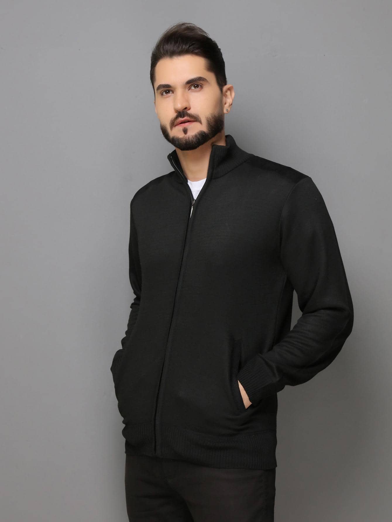 Legal Menino Sueter tricot masculino casaco blusa de frio zip completo manga longa blusa de Lã - Preto - Visão 1