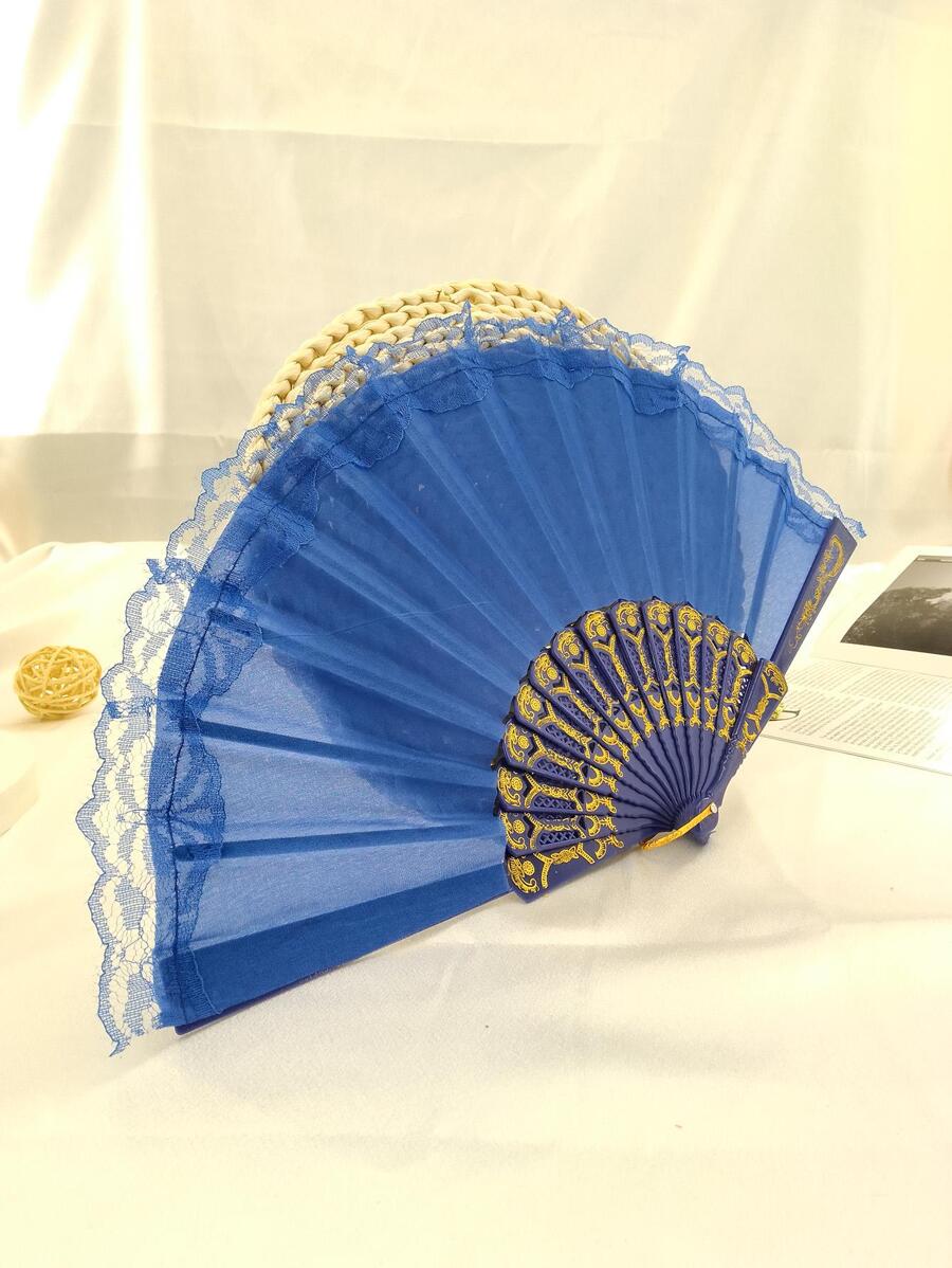 Women Lace Trim Chinese Style Hand Fan For Party - Royal Blue - View 1
