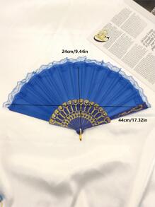 Women Lace Trim Chinese Style Hand Fan For Party - Royal Blue - View 3