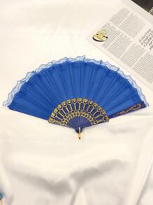 Women Lace Trim Chinese Style Hand Fan For Party - Royal Blue - View 4