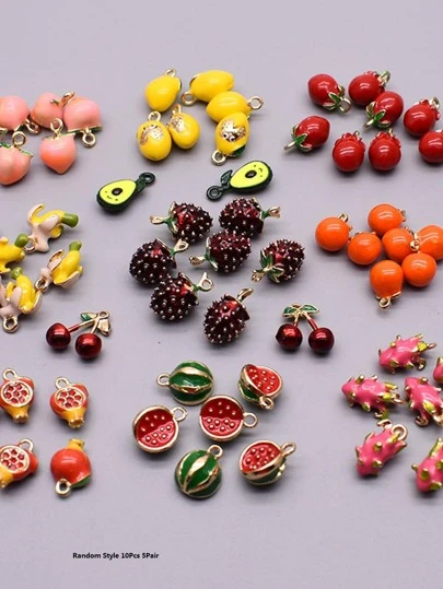 隨機款式 10入組 5 對水果吊飾香蕉、西瓜、櫻桃等用於耳環製作珠寶配件