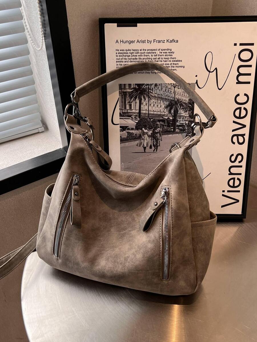 Minimalist Hobo Bag Medium Solid Color Zipper - Dark Grey - View 1