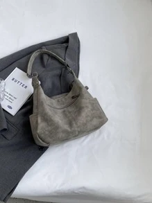 Minimalist Hobo Bag Medium Solid Color Zipper - Dark Grey - View 8