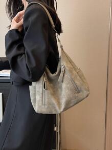 Minimalist Hobo Bag Medium Solid Color Zipper - Dark Grey - View 4