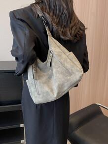 Minimalist Hobo Bag Medium Solid Color Zipper - Dark Grey - View 5
