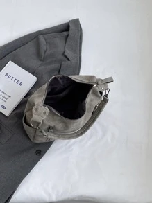 Minimalist Hobo Bag Medium Solid Color Zipper - Dark Grey - View 9