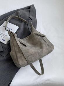 Minimalist Hobo Bag Medium Solid Color Zipper - Dark Grey - View 6