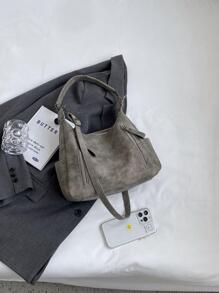 Minimalist Hobo Bag Medium Solid Color Zipper - Dark Grey - View 7