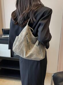 Minimalist Hobo Bag Medium Solid Color Zipper - Dark Grey - View 2