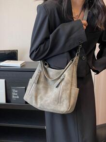 Minimalist Hobo Bag Medium Solid Color Zipper - Dark Grey - View 3