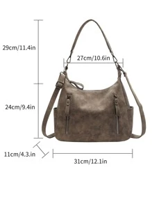 Minimalist Hobo Bag Medium Solid Color Zipper - Dark Grey - View 10