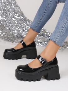 Punk Black Shoes For Women, Minimalist Platform Mary Jane Shoes - Black - View 2