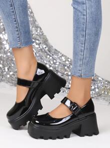 Punk Black Shoes For Women, Minimalist Platform Mary Jane Shoes - Black - View 1