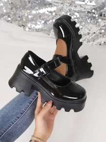 Punk Black Shoes For Women, Minimalist Platform Mary Jane Shoes - Black - View 6