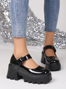 Punk Black Shoes For Women, Minimalist Platform Mary Jane Shoes - Black - View 4