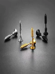 3對/套時尚不銹鋼螺絲裝飾耳釘適合男士女士日常裝飾 - 銀色黑色金色3對裝 - 查看 4
