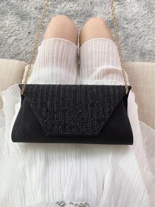 REMANLAND 華麗閃爍鏈條肩背包，鑲有鉆石裝飾，磁扣設計，優雅時尚的手拿包，適用於女士生日派對、迷人晚宴包 - 黑色 - 查看 9