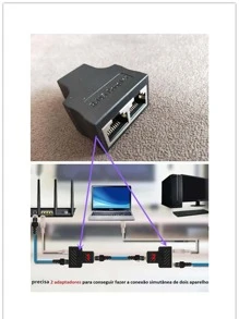 Conector adaputador duplicador RJ45 para cabo de rede entrada Femea - Preto - Visão 1