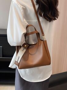 新品到貨時尚PU皮革托特包帶字母圖案 - 棕色 - 查看 1