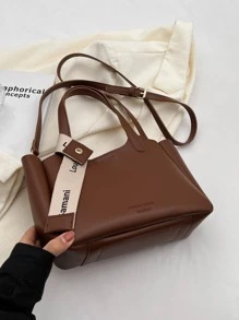 新品到貨時尚PU皮革托特包帶字母圖案 - 棕色 - 查看 8