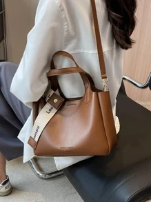 新品到貨時尚PU皮革托特包帶字母圖案 - 棕色 - 查看 3