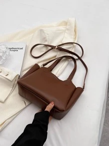 新品到貨時尚PU皮革托特包帶字母圖案 - 棕色 - 查看 9