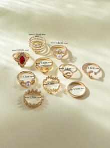 10入組女士合金月亮頭骨假珍珠紅寶石和黃色戒指套裝,適合約會 - 金黃色 - 查看 2