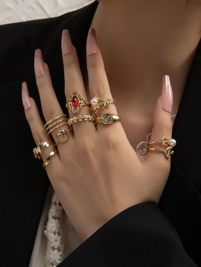 10pcs/Set Women's Alloy Moon Skull Faux Pearl Ruby & Yellow Color Ring Set For Date