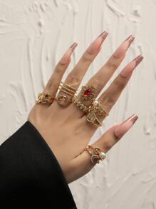 10入組女士合金月亮頭骨假珍珠紅寶石和黃色戒指套裝,適合約會 - 金黃色 - 查看 4