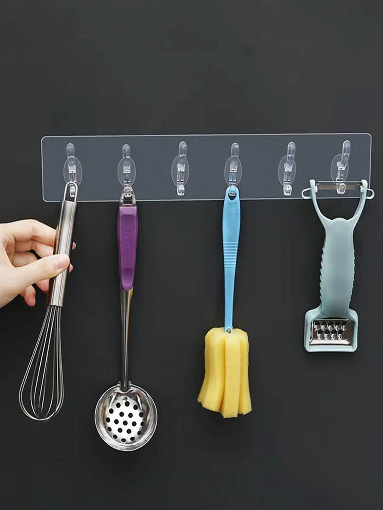 Transparent Stackable Adhesive Hooks, 6-Hook Strong Sticky Seamless Wall Hanger, No-Drill - Clear - View 1