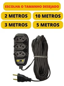 Extensão elétrica 2,3,5 E 10 Metros Extensão de Energia 3 Tomadas Multiuso Universal 10 Amperes - Preto - Visão 7