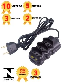 Extensão elétrica 2,3,5 E 10 Metros Extensão de Energia 3 Tomadas Multiuso Universal 10 Amperes - Preto - Visão 1