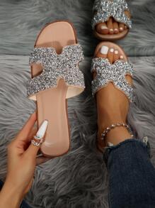 女士水鑽裝飾鏤空魅力四射夏天平底涼鞋