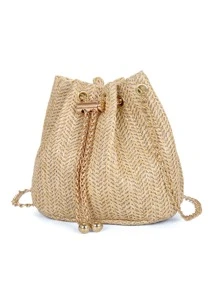 新款草编斜挎包配金属链，时尚编织单肩包配金属锁扣，轻巧简约女士小钱包 - 卡其色 - 查看 2