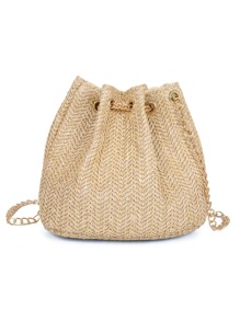 新款草编斜挎包配金属链，时尚编织单肩包配金属锁扣，轻巧简约女士小钱包 - 卡其色 - 查看 3