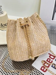 新款草编斜挎包配金属链，时尚编织单肩包配金属锁扣，轻巧简约女士小钱包 - 卡其色 - 查看 4