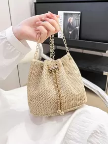 新款草编斜挎包配金属链，时尚编织单肩包配金属锁扣，轻巧简约女士小钱包 - 卡其色 - 查看 5