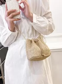 新款草编斜挎包配金属链，时尚编织单肩包配金属锁扣，轻巧简约女士小钱包 - 卡其色 - 查看 6