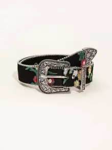 1入組西方風格牛仔女孩藍色皮帶帶雕刻圖案和串珠邊-3入組套裝 - 黑色 - 查看 1