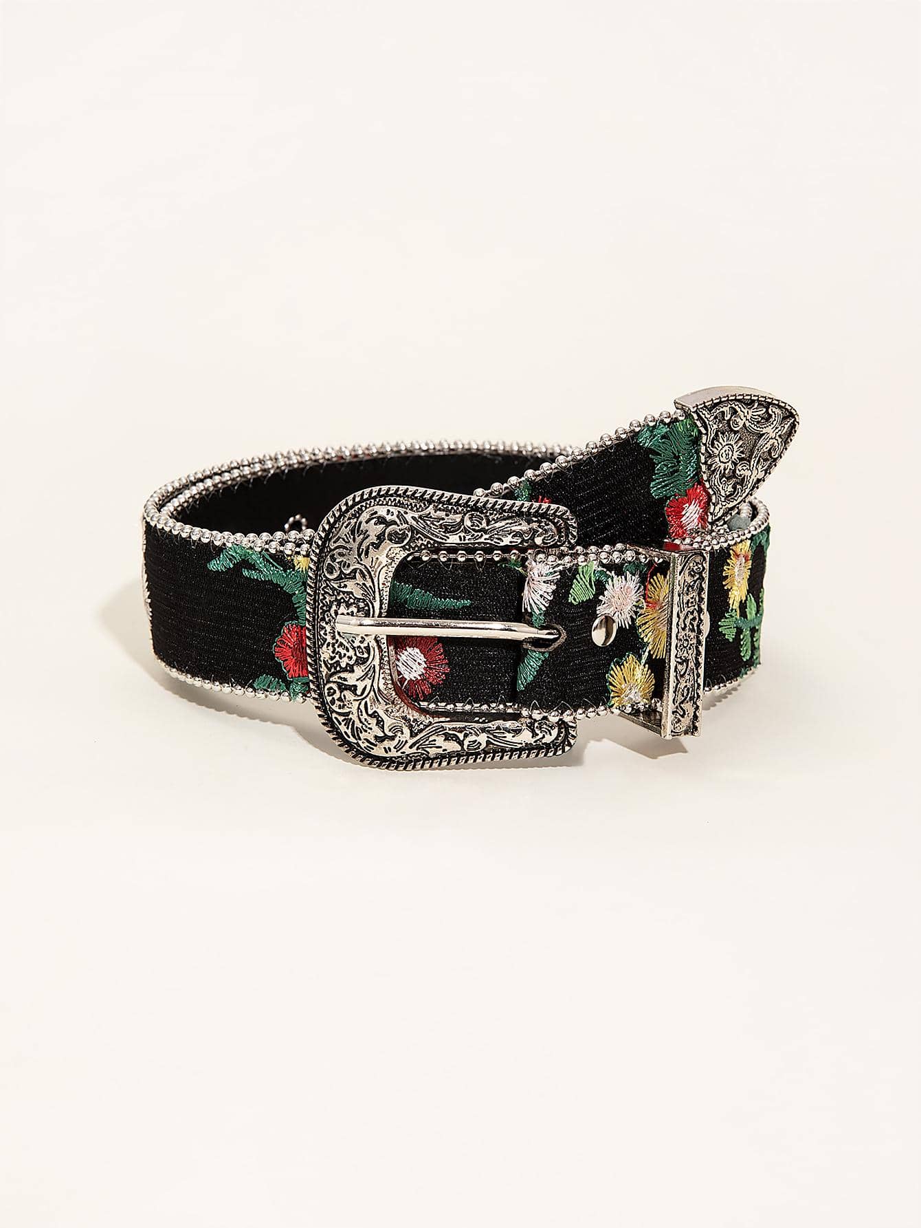 1入組西方風格牛仔女孩藍色皮帶帶雕刻圖案和串珠邊-3入組套裝 - 黑色 - 查看 1