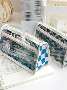 MOKA 1pc Checkered Pattern Pencil Bag - Blue - View 2
