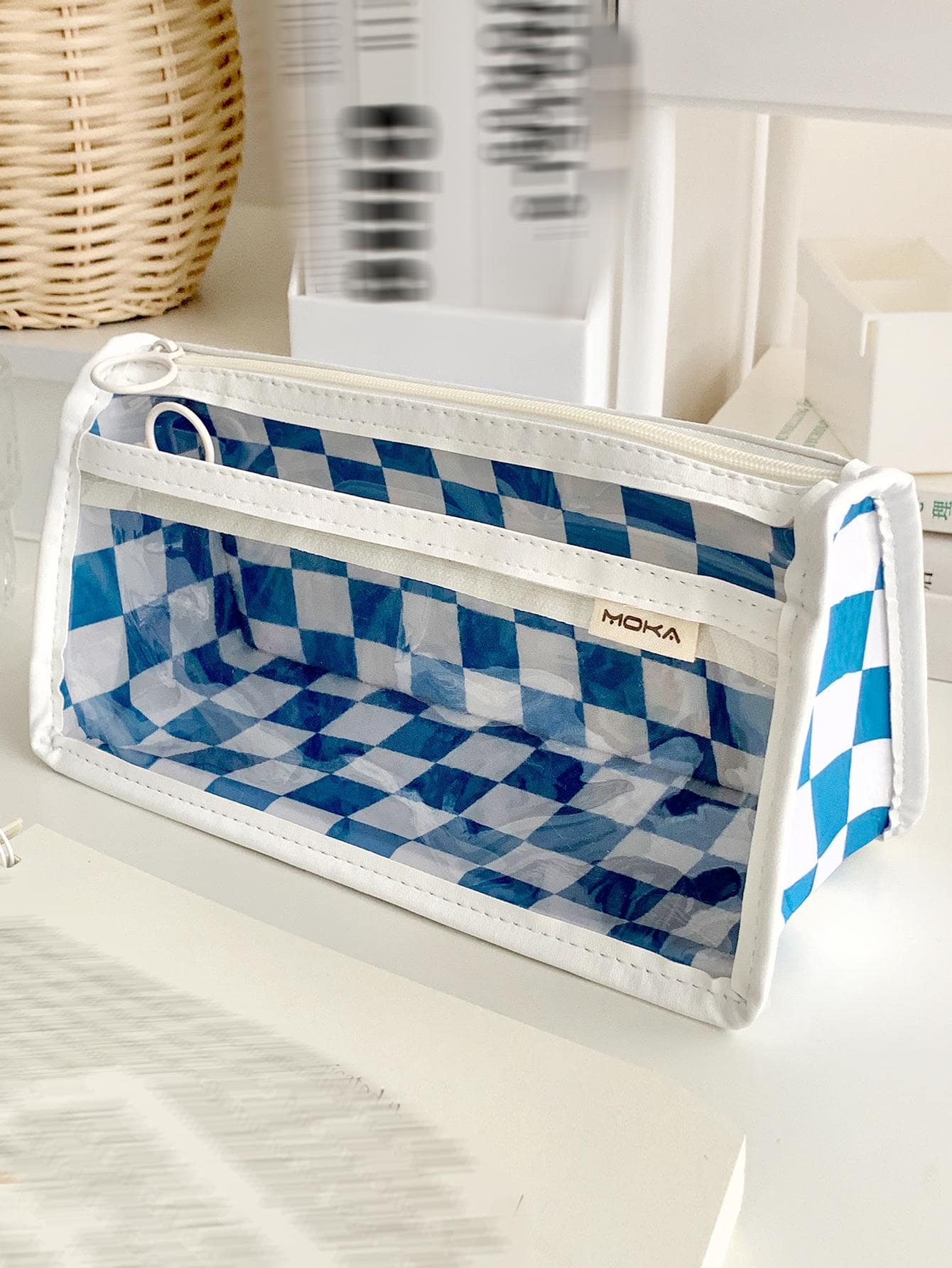 MOKA 1pc Checkered Pattern Pencil Bag - Blue - View 1