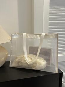 1入組沙灘袋套肩包，休閒包，大容量便攜輕巧，適用於節日、暑假、學校禮品袋，時尚極簡網狀紗材質，為大學生、女孩、女人情人節禮物，日常使用購物袋 - 白色 - 查看 1